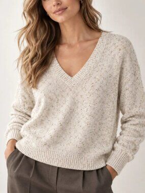LOFT Ivory Gold Metallic Shimmer V-Neck Sweater Holiday Sparkle Size M